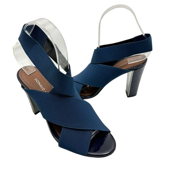 Donald Pliner Athens Navy Elastic Straps Open Toe Snakeskin Block Heel Sandals - Picture 1 of 12